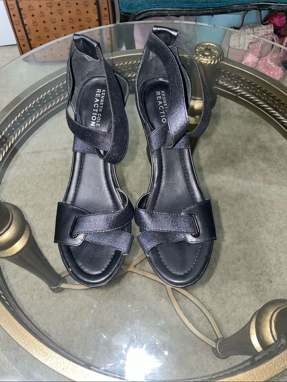 Kenneth Cole Reaction Black Strappy Ankle- wedge Sandals